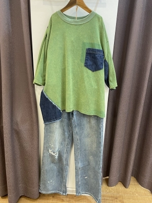 デニムダメージ加工ワイドパンツ