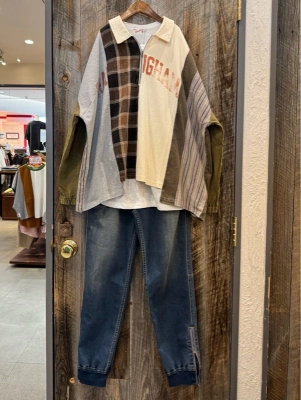○ チェック×カットソー切替 ハーフジップシャツ ○