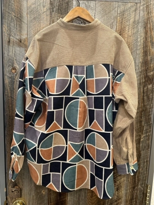 シャツコール総柄プリント切替バンドカラーシャツ