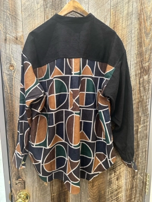 シャツコール総柄プリント切替バンドカラーシャツ