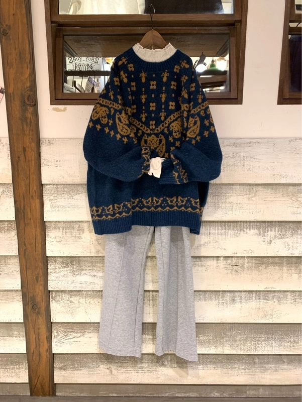 リサイクルニットジャガードペイズリー柄プルオーバー