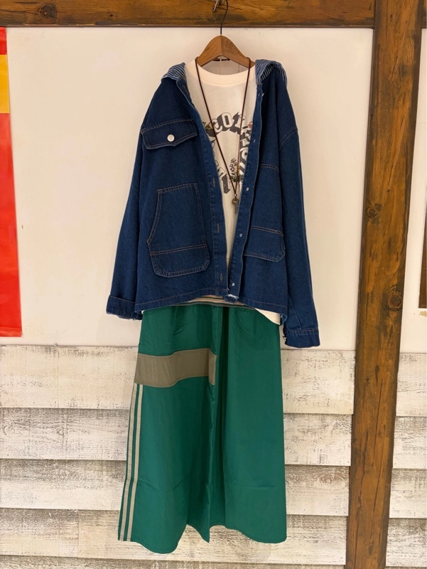 デニム×ヒッコリーフード付きジャケット