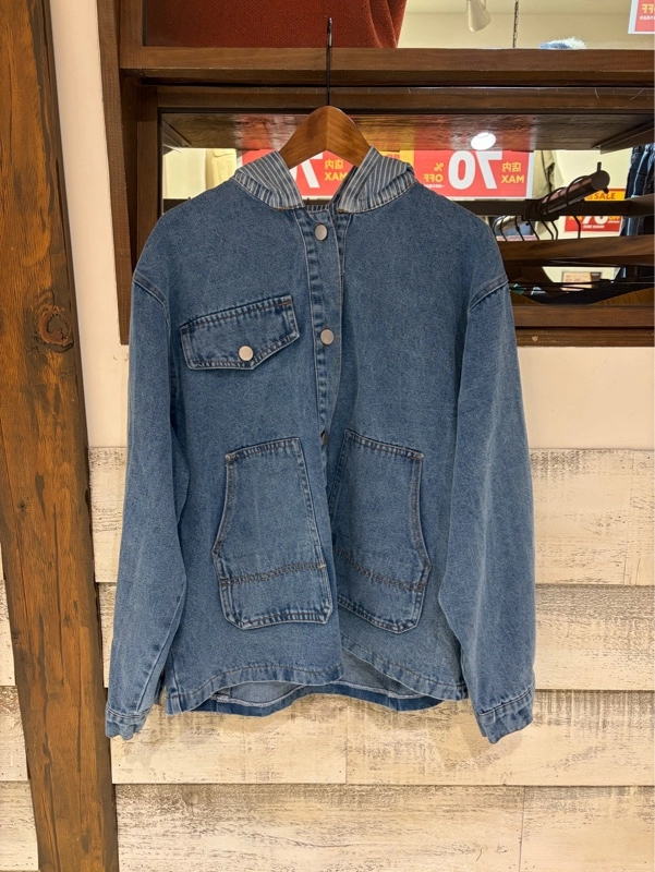 デニム×ヒッコリーフード付きジャケット