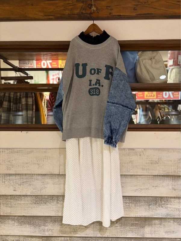 ジャガード×デニム切替長袖プルオーバー