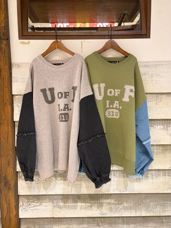 ジャガード×デニム切替長袖プルオーバー