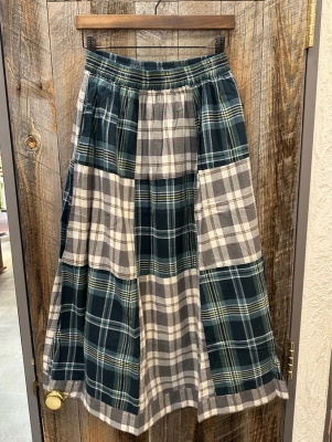 インド先染めチェックパッチワークギャザースカート