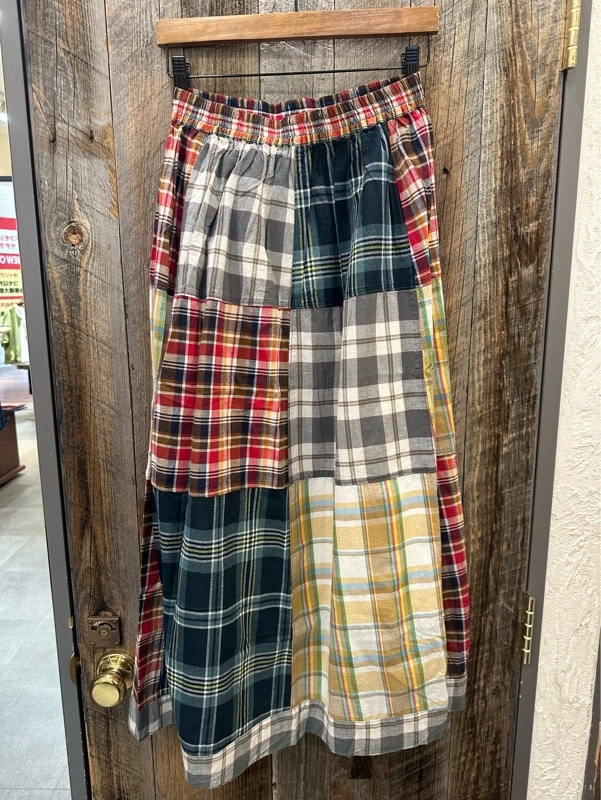 インド先染めチェックパッチワークギャザースカート