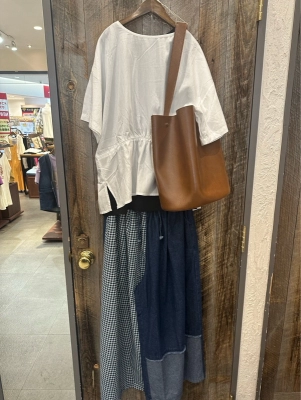 デニム×ギンガム切替ワイドパンツ