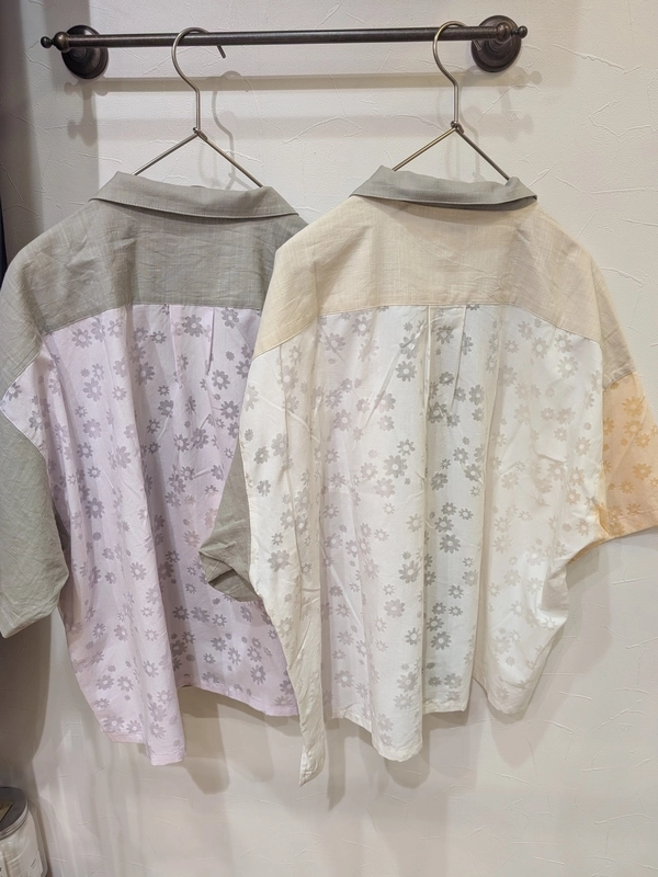 花柄オパール×異素材　切替オープンカラーシャツ