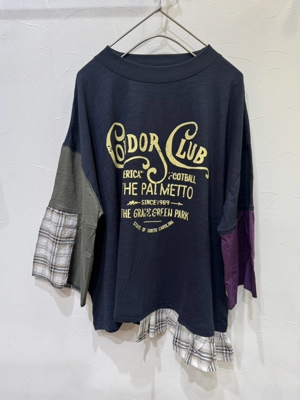 スラブ天竺×先染め　チェック裾フリル　リメイク風　プルオーバ